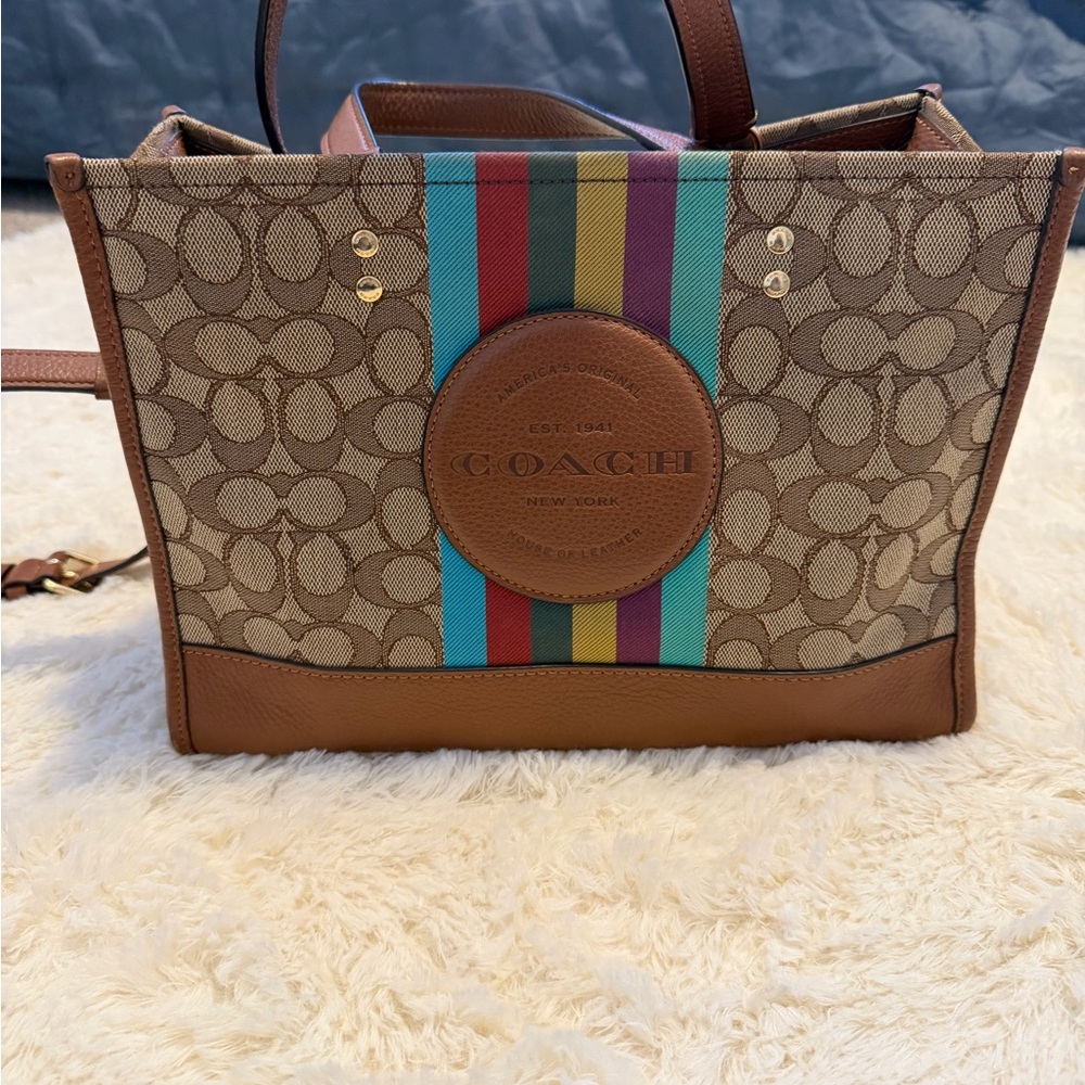 Coach Brown Tote with Multicolor Stripes